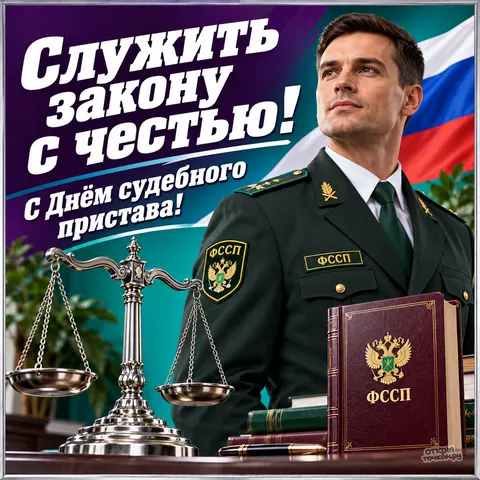Открытка «День судебного пристава, пристав в форме, весы правосудия, книги ФССП и флаг России»
