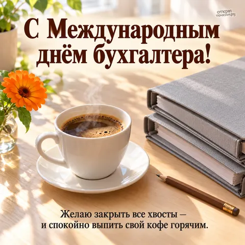 Открытка «Международный день бухгалтерии, горячий кофе папки и георгина на столе»