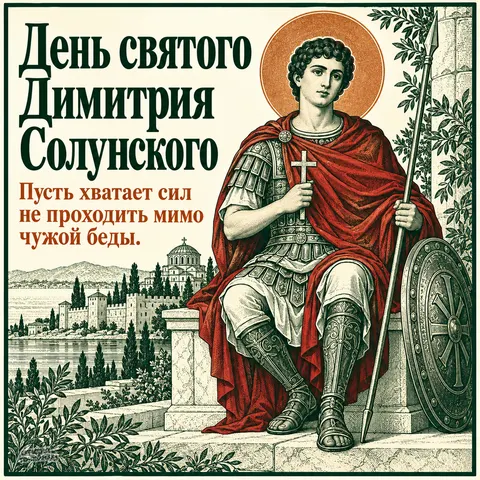 Открытка «День памяти великомученика Димитрия Солунского, Димитрий в гравюре с копьём у города»