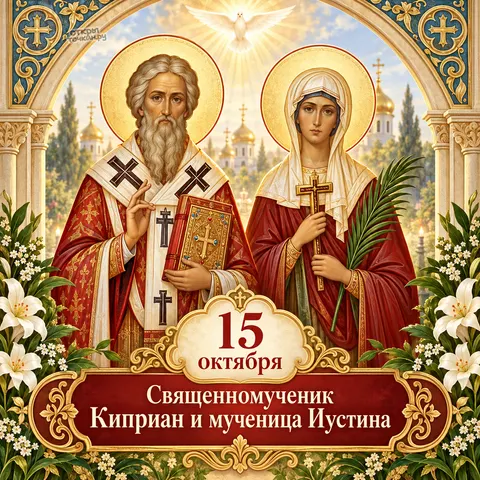 Открытка «Священномученик Киприан и мученица Иустина, 15 октября, голубь и каменная арка»