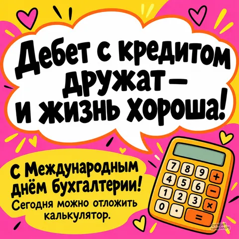 Открытка «Международный день бухгалтерии, дебет с кредитом дружат и калькулятор»