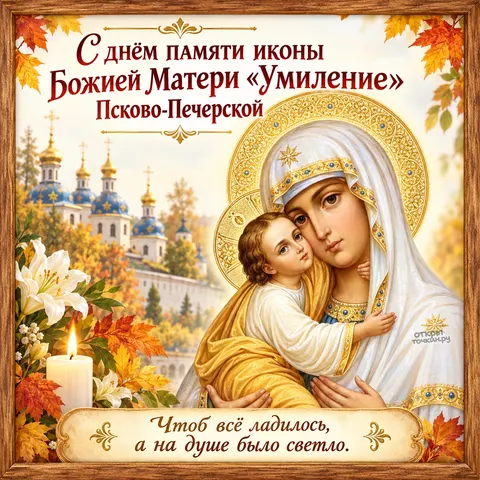 Открытка «Икона Умиление Псково-Печерская, осенние листья свеча и храм» — Праздник Псково-Печерской иконы Божией Матери «Умиление»
