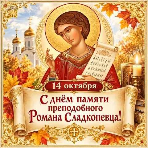 Открытка «День памяти Романа Сладкопевца, поздравление 14 октября, храм, свеча и осенние листья» — День памяти преподобного Романа Сладкопевца