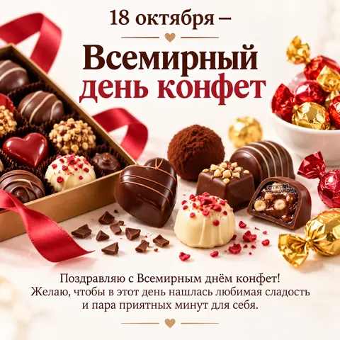 Открытка «Всемирный день конфет, 18 октября, поздравление с любимой сладостью и приятными минутами»