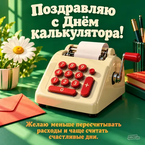 Открытка «Международный день калькулятора, винтажная счётная машинка на зелёном столе»