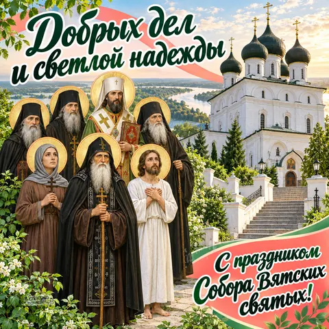 Открытка «Собор Вятских святых, добрых дел и светлой надежды, святые у белого собора среди белых цветов»