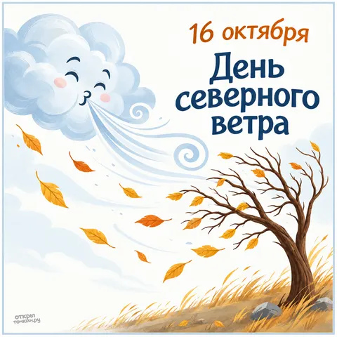 Открытка «День северного ветра, весёлое облако сдувает последние листья»