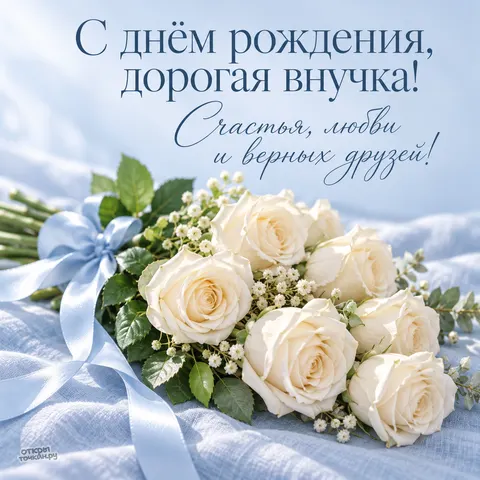 Открытка «День рождения» — Нежные белые розы на голубом льне