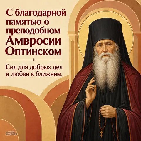 Открытка «День памяти Амвросия Оптинского, золотые арки благословение четки с крестом силы для добрых дел и любви к ближним» — День памяти преподобного Амвросия Оптинского
