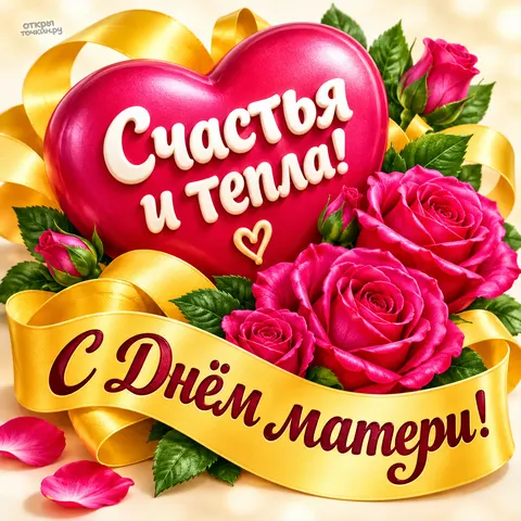 Открытка «С Днём матери, розовое сердечко с розами и золотой лентой»