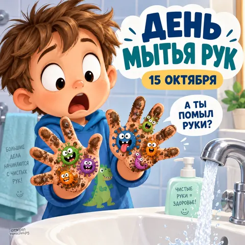Открытка «Всемирный день мытья рук, мальчик с грязными руками и микробами, а ты помыл руки»