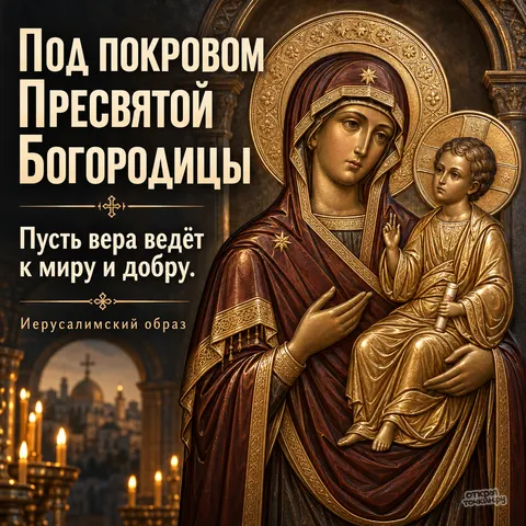 Открытка «Иерусалимская икона Божией Матери, под покровом Пресвятой Богородицы, пусть вера ведёт к миру и добру, свечи и иерусалимский образ в арке» — Праздник Иерусалимской иконы Божией Матери