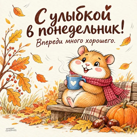 Открытка «Доброе утро» — Уютный осенний понедельник с хомяком