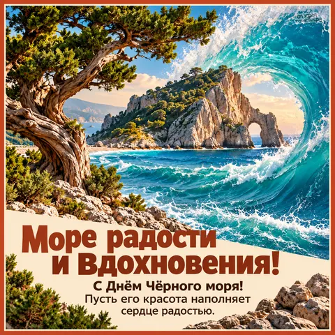 Открытка «День Чёрного моря, дерево и бирюзовая волна, скалы с каменной аркой, море радости и вдохновения»