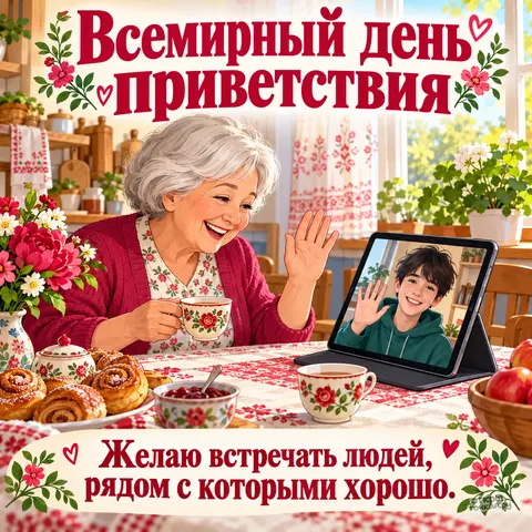 Открытка «Всемирный день приветствия, бабушка и внук на видеозвонке за чаем»