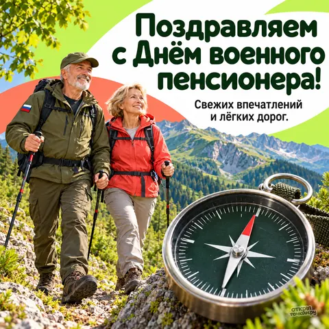 Открытка «День военного пенсионера, пара в горном походе, компас на камне»
