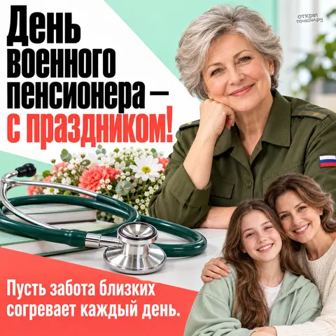 Открытка «День военного пенсионера, ветеранка с семьёй, стетоскоп и цветы»