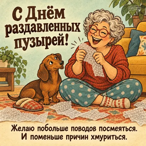 Открытка «День раздавленных пузырей, бабушка с таксой лопает пупырку»