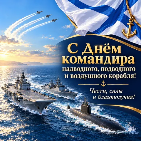 Открытка «С Днём командира корабля, морская эскадра флаг и самолёты» — День командира надводного, подводного и воздушного корабля