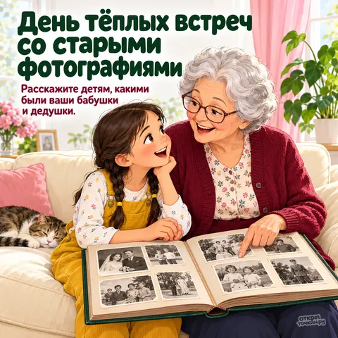 Открытка «День рассматривания старых фотографий, бабушка с внучкой листают альбом на диване»