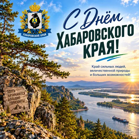 Открытка «День Хабаровского края, герб края и табличка о больших горизонтах над рекой»
