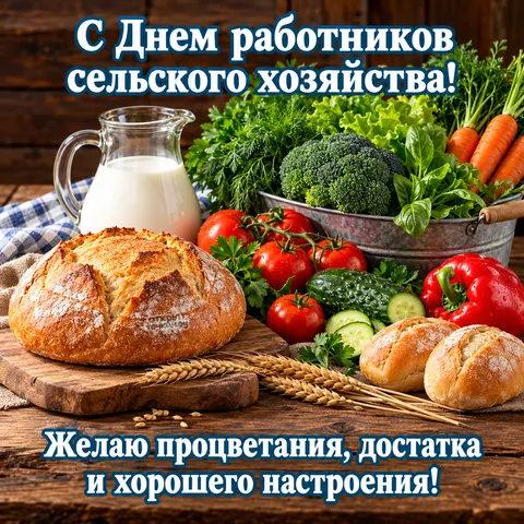 Открытка «День сельского хозяйства, овощи хлеб и пожелание процветания» — День работника сельского хозяйства и перерабатывающей промышленности
