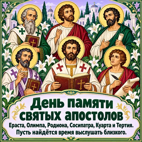 Открытка «Апостолы Ераст Олимп Родион Сосипатр Куарт и Тертий, круг из шести святых с Евангелием» — День памяти апостолов от 70-ти Ераста, Олимпа, Родиона и прочих