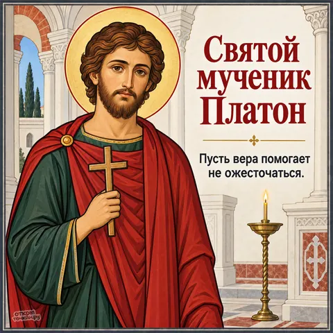 Открытка «День памяти мученика Платона, образ в храме со свечой и кипарисами»