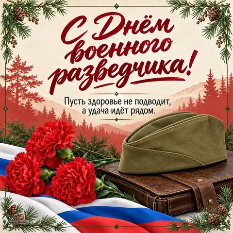 Открытка «День военного разведчика, красные гвоздики пилотка и кожаный планшет на флаге»