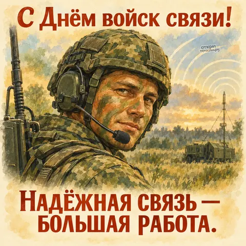 Открытка «День войск связи, связист в гарнитуре у вышки» — День военного связиста