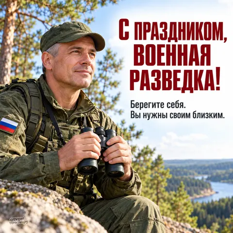 Открытка «День военного разведчика, военный разведчик с биноклем на скале над соснами и рекой»