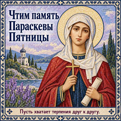 Открытка «День памяти великомученицы Параскевы наречённой Пятница, мозаика Параскевы со свитком у церкви на скале»