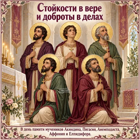 Открытка «День памяти пяти Персидских мучеников, пять мучеников молятся в храме с крестами» — День памяти мучеников Акиндина, Пигасия, Анемподиста и прочих