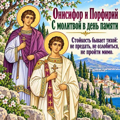 Открытка «День памяти Онисифора и Порфирия, на скале с цветами и видом на бухту» — День памяти мучеников Онисифора и Порфирия
