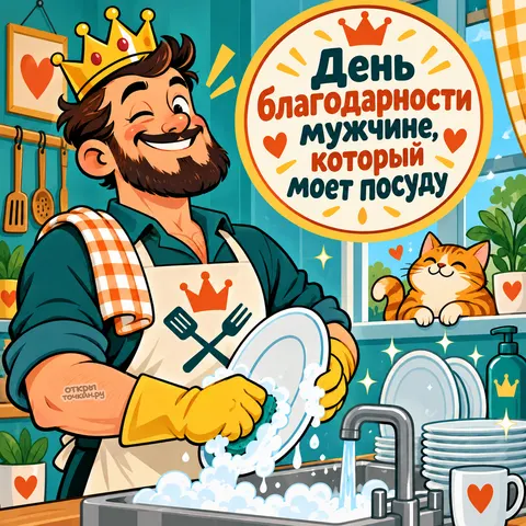 Открытка «День благодарности мужчине, который моет посуду, король кухни с котом»
