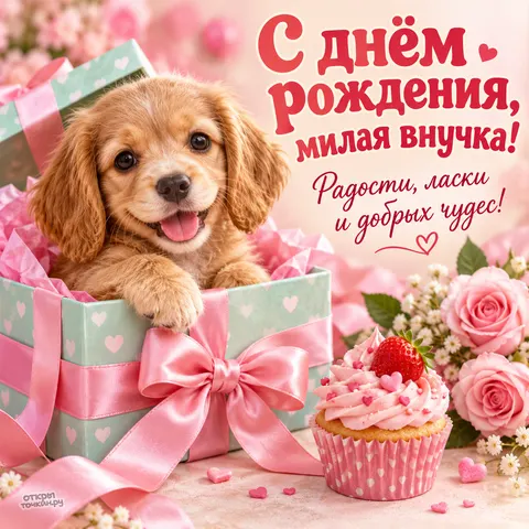 Открытка «День рождения» — Праздничный щенок для любимой внучки