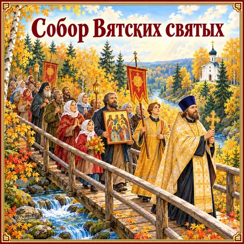 Открытка «Собор Вятских святых, крестный ход по мосту в золотой осени»