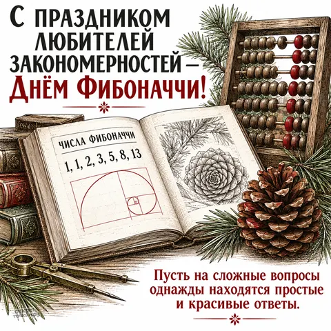 Открытка «День Фибоначчи, книга со спиралью шишка и счёты»