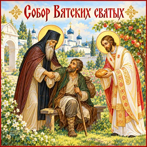 Открытка «Собор Вятских святых, милосердие святых к страннику с хлебом»