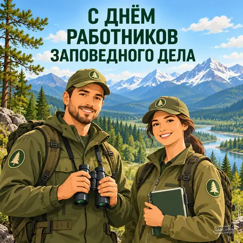 Открытка «День заповедного дела, два сотрудника заповедника с биноклем и блокнотом на фоне гор и реки» — День работников заповедного дела