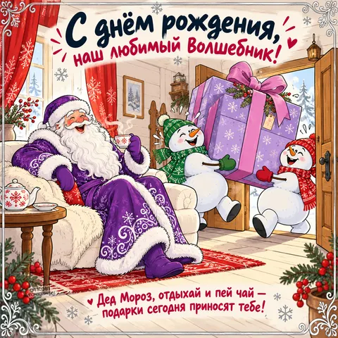 Открытка «День рождения Деда Мороза, дед мороз в фиолетовой шубе и снеговики с подарком»