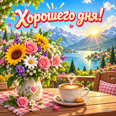 Открытка «Хорошего дня, букет и кофе на балконе у гор»