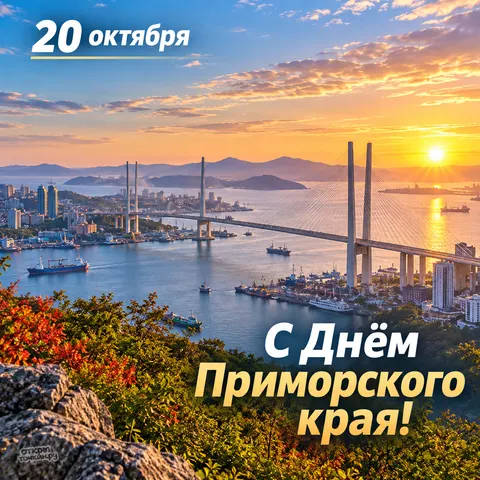Открытка «День Приморского края, Золотой мост на закате над бухтой»