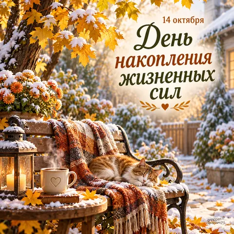 Открытка «День накопления жизненных сил, 14 октября, спящий кот на заснеженной скамейке с пледом и чаем»