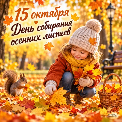 Открытка «День собирания осенних листьев, девочка собирает листья в парке с белочкой и корзинкой»