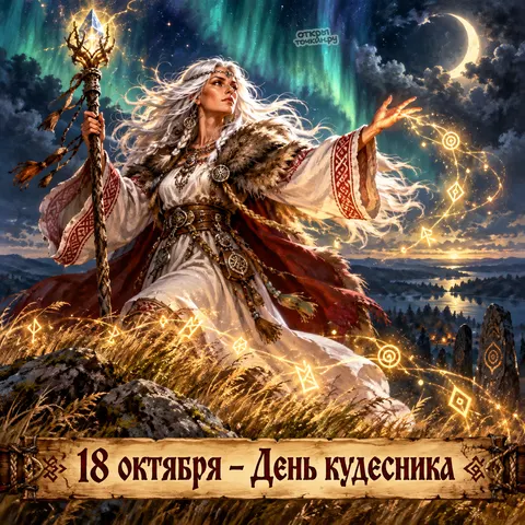 Открытка «День кудесника, кудесница с посохом и кристаллом под северным сиянием, 18 октября»