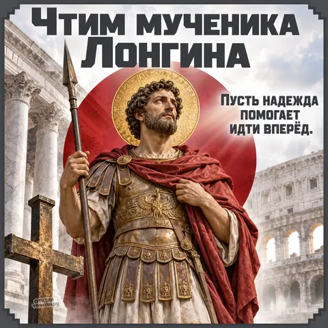 Открытка «День памяти Лонгина Сотника, мученик у колизея и храмовых колонн, пусть надежда помогает идти вперёд» — День памяти святого мученика Лонгина Сотника