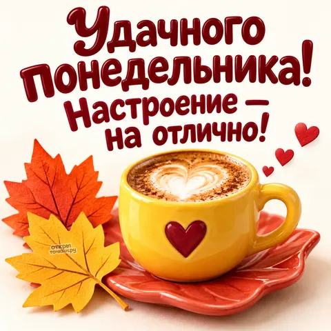 Открытка «Доброе утро» — Осенний понедельник с кофе и сердцами