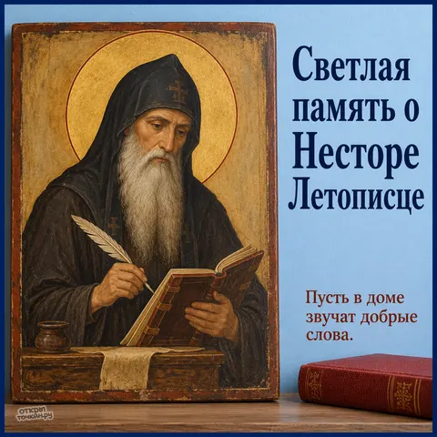 Открытка «День памяти преподобного Нестора Летописца, икона Нестора за письмом на аналое»