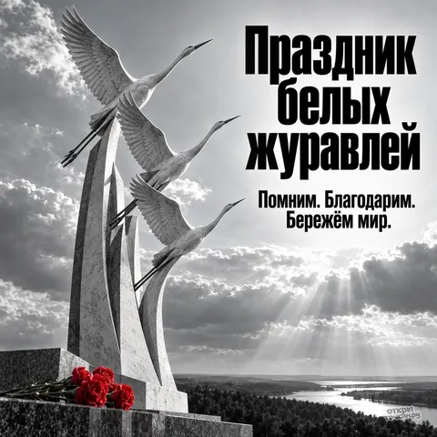 Открытка «Праздник белых журавлей, памятник с тремя журавлями, букет красных гвоздик, река в лучах солнца, помним и бережём мир»
